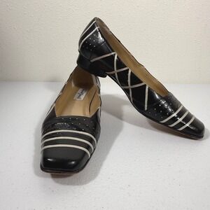 Vtg Margaret Jerrold Black White Ribbon Detail Leather Flats 9M Coquette Mod